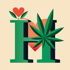 Letter H with rise some cannabis and leaf and some heart with white background 