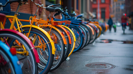 Row of colorful cruiser bicycles parked outdoors. - obrazy, fototapety, plakaty