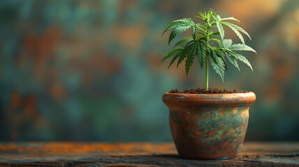 A small hemp plant in a pot on a wooden table