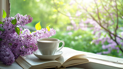 Cup of tea or coffee, lilac flowers and book on the window age