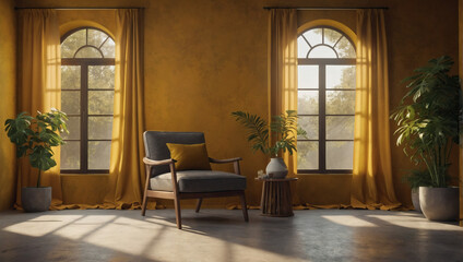 Hazy environment. Trendy mustard studio for product presentation. Unused space with window shadows and leafy patterns. D setting with text