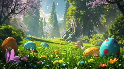 Easter eggs nestled amidst the grass, depicted in an adorable cartoon anime style.
