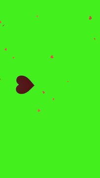 Explosion of red hearts on green screen. Heart confetti. Festive effect for Valentine's Day. Vertical video. 3D animation