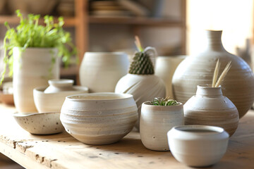 Fototapeta na wymiar Handmade ceramic dishes on the table, making ceramics web banner