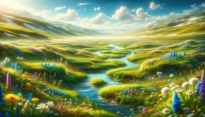 Captivating Valley Stream with Flourishing Flora and Warm Sunlight