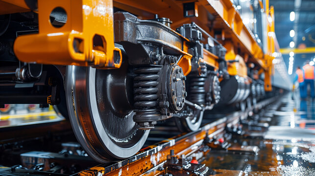 Train wheels and brake system. Parked inside rail yard for maintenance.