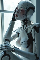 Closeup portrait of a female robot in a futuristic space suit.