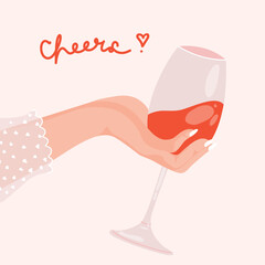 Woman hand holding glass of red sparkling wine. Abstract elegant lady arm with glass of alcohol drink, modern celebration concept. Vector flat illustration