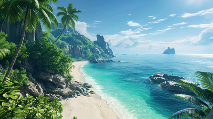 Serene Deserted Beach at Tropical Island Paradise - obrazy, fototapety, plakaty