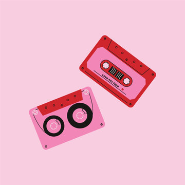 Retro audio cassettes. Vintage cassette tape with music, cartoon old analogue audio recorders, 80s 90s music media flat style. Vector trendy illustration