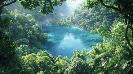 Serene Oasis: Crystal-Clear Blue Lake Amidst Lush Greenery - obrazy, fototapety, plakaty