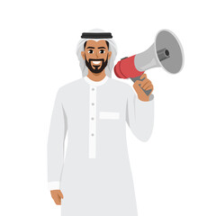 Fototapeta premium Modern Arab business man holds loudspeaker. Successful businessman. Flat vector illustration isolated on white background