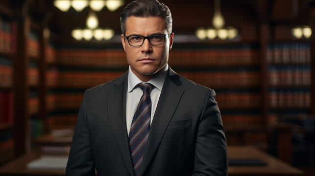 Lawyer Businessman looks serious in a courtroom case-study book legal term career library