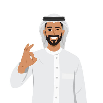 Young happy arab muslim man giving okay hand sign. Flat vector illustration isolated on white background