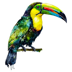 Vector illustration focusing on a toucan bird with a watercolor effect and white background.
