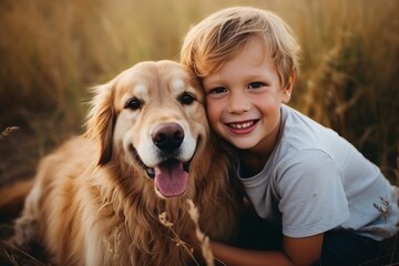 Happy family playing with happy golden retriever dog on the backyard lawn.