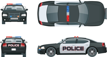 Police Car On White Background Isolated Top, Side And Front View Over Vector Illustration