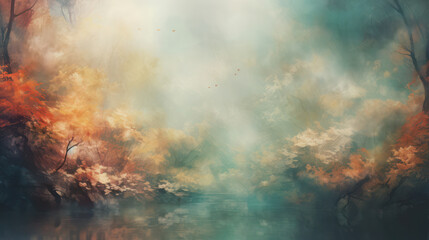 Vintage Grunge Sky: Abstract Blue Background with Textured Clouds and Green Mist