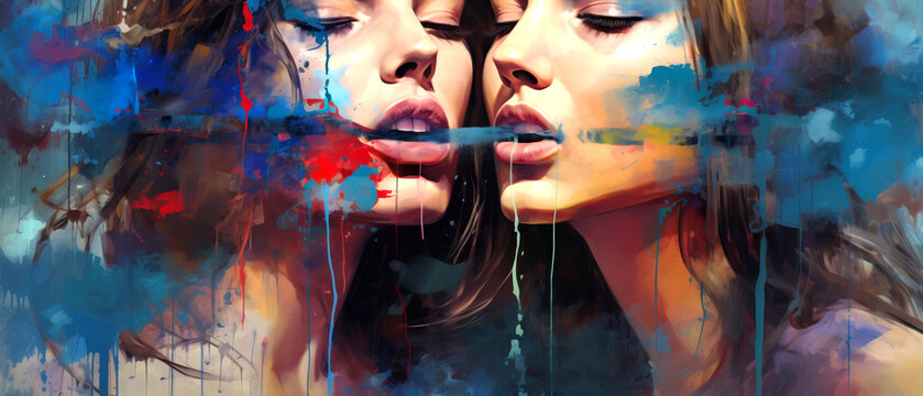 Vibrant art painting of women with closed eyes