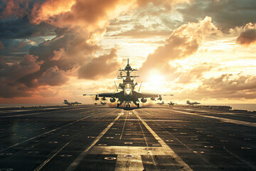 Aircraft Carrier Launch: Fighter Jets in Action at Warzone. Generative AI. - obrazy, fototapety, plakaty