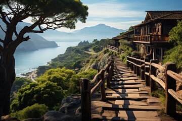 a picture of stairs leading down to the mountains, in the style of solarizing master, coastal views, 32k uhd, natural materials, romanticized nature