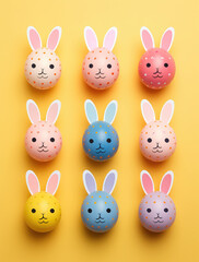 Easter eggs cute bunny on yellow background. Funny decoration. Happy Easter. Top view, close up
