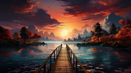 a pier and the sun setting over a lake, in the style of luminous seascapes, romantic seascapes, serene seascapes - obrazy, fototapety, plakaty