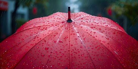 Protective umbrella being hit by raindrops in inclement weather. Concept Rainy Day Photography, Umbrella in Rain, Weather Elements, Protective Gear, Raindrop Close-up