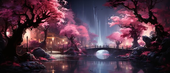 a pink blossom lined sidewalk with trees at night, glorious, shiny, kimoicore, i can't believe how beautiful this is, luxurious wall hangings
