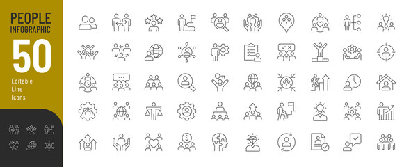 People Infographic Line Editable Icons. Vector illustration in a thin line style of basic people related icons: communication, avatar, group of people, strategy, and more. Isolated on white.