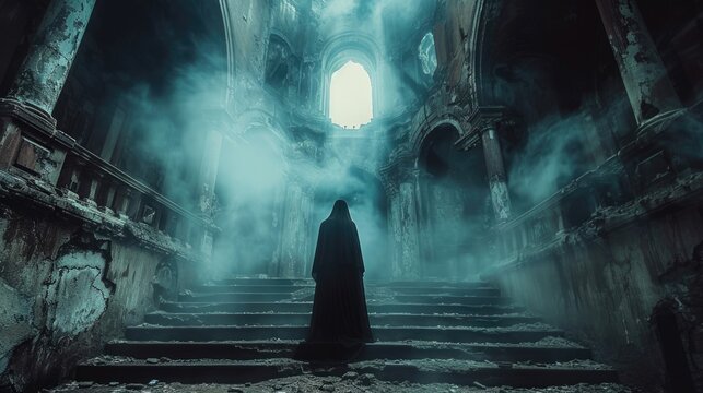 Black Female Ghost Silhouette. Beautiful Scary Horror Scene. Mystery Cloak Man Inside Old Ancient Gothic Castle. Creepy Woman Shadow. Girl Spirit Walk Indoor. Mysterious Person Stroll In Foggy House.