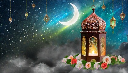 Ramadan Kareem greeting card. An illuminated ramadan lantern against blue night sky with an crescent moon. Invitation for Muslim holy month Ramadan Kareem. - obrazy, fototapety, plakaty