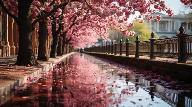 a pink blossom tree lining the sidewalk in a park, in the style of romantic riverscapes, made of wrought iron, manapunk