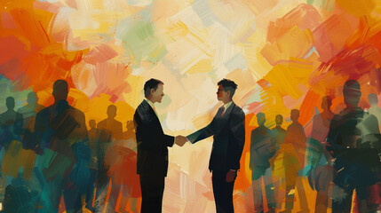 Amidst the vibrant atmosphere of a networking event, two businessmen shake hands amidst a sea of faces, their agreement sparking a ripple of excitement and anticipation for what li - obrazy, fototapety, plakaty