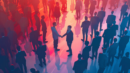 Amidst the vibrant atmosphere of a networking event, two businessmen shake hands amidst a sea of faces, their agreement sparking a ripple of excitement and anticipation for what li
