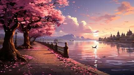 a pink pathway along the lake, in the style of cherry blossoms, light purple and dark green, anime-influenced, dark pink and light brown, light pink and light brown - obrazy, fototapety, plakaty