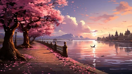 Poster a pink pathway along the lake, in the style of cherry blossoms, light purple and dark green, anime-influenced, dark pink and light brown, light pink and light brown © Smilego