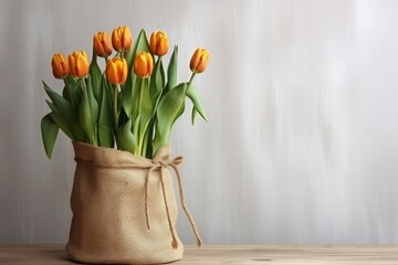 Bouquet of tulips in kraft paper against wall, blank space for text, romantic gift idea