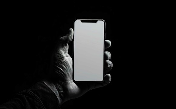 Hand of a white man holding a black mobile phone and a white screen at a wihite background