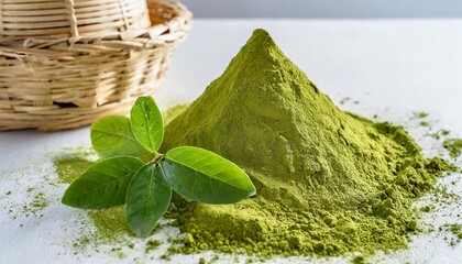 green matcha powder on white background matcha made from finely ground green tea powder eat healthy because of high antioxidants - obrazy, fototapety, plakaty