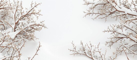A snow-covered tree stands stark against the winter landscape, its branches devoid of leaves. The ground beneath it is blanketed in pure white snow, creating a serene winter scene.