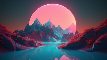 A surreal mountain landscape with a geometric round shape or a portal or a strange figure. Fantastic space unreal landscape - obrazy, fototapety, plakaty