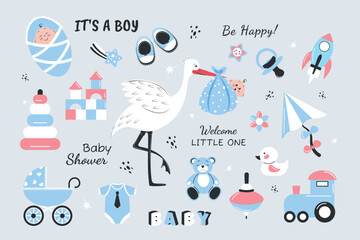 A children's set with a cute stork and a baby, a set of toys and inscriptions. Vector illustration for a newborn boy - obrazy, fototapety, plakaty
