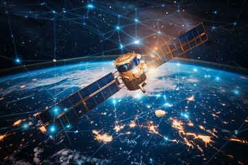 Telecom Satellite Orbiting Earth: Futuristic Tech and Global Connectivity. Generative AI.