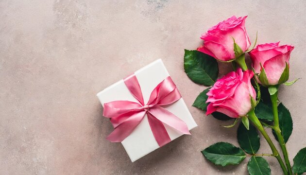 design concept with pink rose flower and gift box on colored table background top view happy holiday mothers day birthday concept romantic flat lay composition