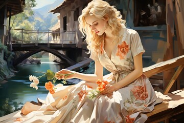 a pretty blonde girl kneeling on a wooden bridge with flowers in hand, light silver and light gold, candid moments captured, en plein air, use of fabric, cheerful colors - obrazy, fototapety, plakaty