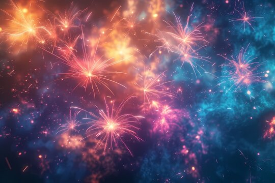 A mesmerizing composition featuring a cluster of fireworks bursting simultaneously, painting the sky with a vibrant palette of colors and showeringthe surroundings with sparkling lights.