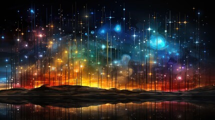 a rainbow and colorful star is reflected on a black background, in the style of art that plays with scale, light sky-blue and dark amber, piles/stacks, multiple screens, crystalline and geological for
