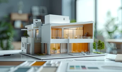Foto op Plexiglas Cropped imaged of professional interior designers choose appropriate color from color palette with house model and architectural equipment scatter around. © Александр Михайлюк