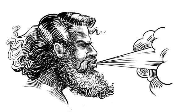 Greek god of wind. Hand-drawn retro styled black and white drawing
